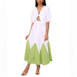 CeCe White and Green Button-Up Dress